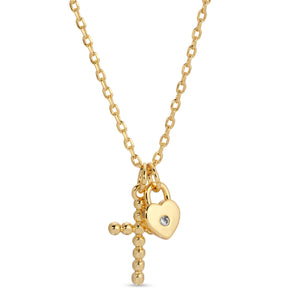 Cross and Heart Pendant Necklace: Gold