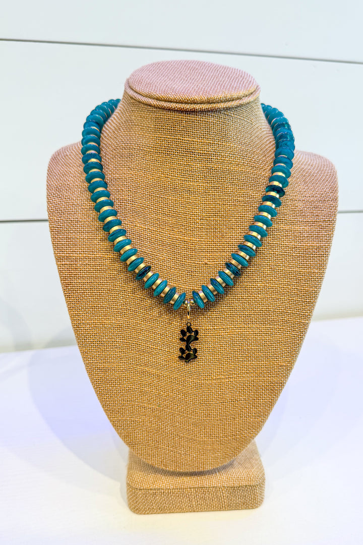 Cerissa Teal Beaded Necklace with Paw Charm