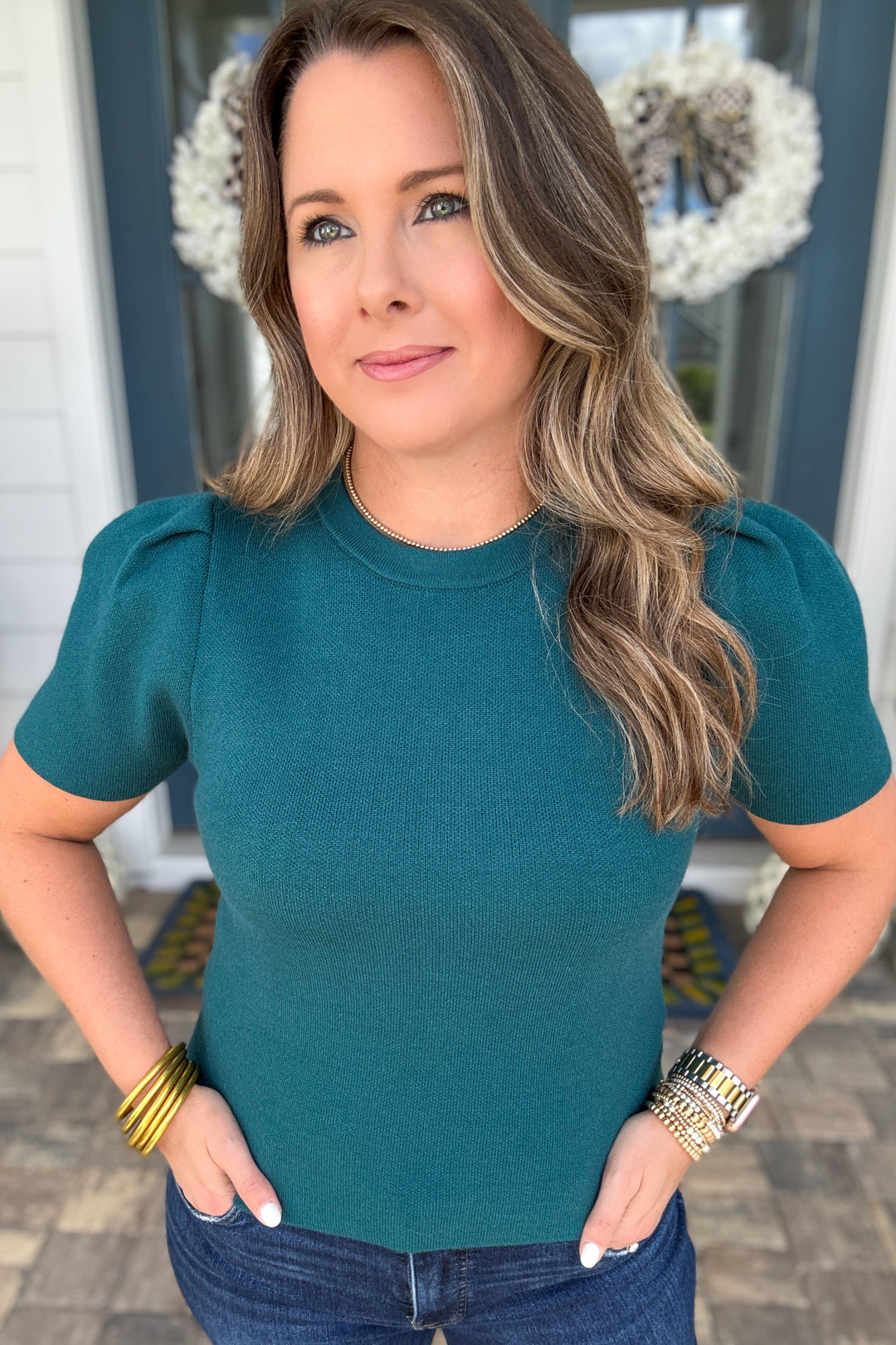Elegance Puff Sleeve Knit Sweater Top - Teal