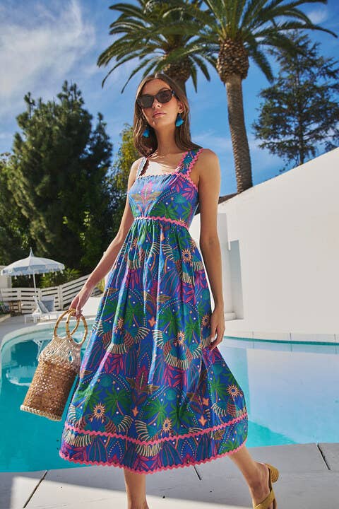 Yori Tropical Ric-Rac Pleated Midi Dress