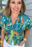 Tropical Cheetah V-Neck Blouse - Teal