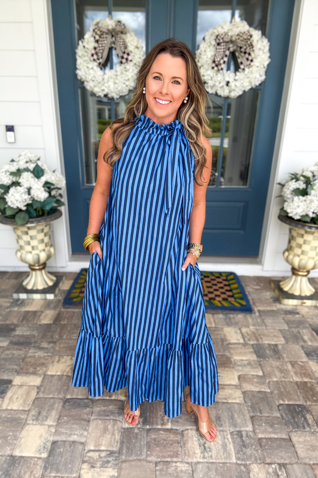 Ocean Daydream Striped Ruffle Neck Tie Dress - Navy