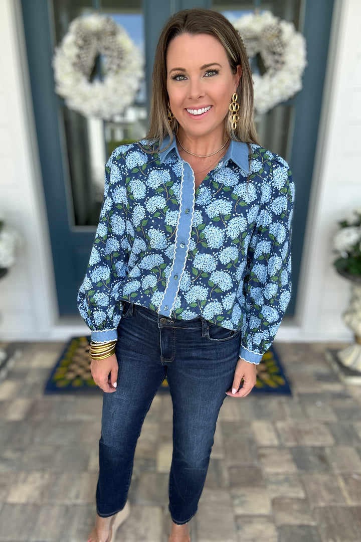 Embroidered Scallop Edge Floral Top - Navy