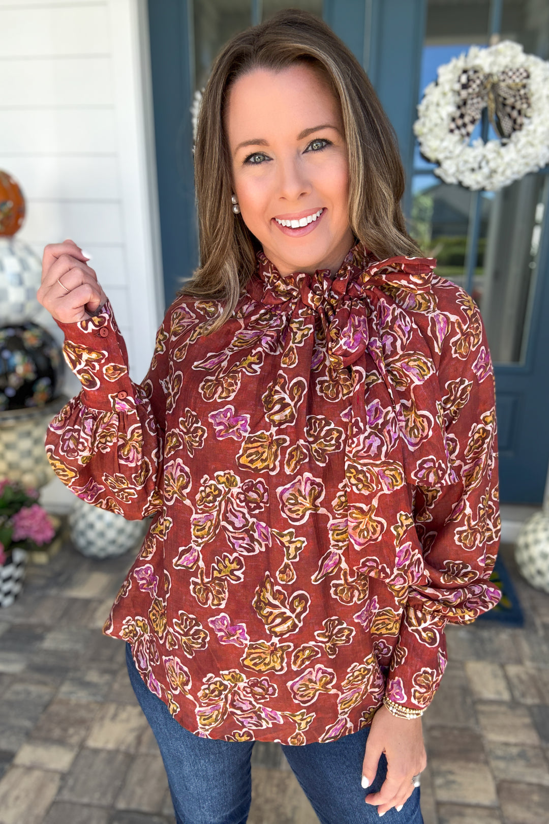 Falling for Florals Tie-Neck Blouse - Burgundy
