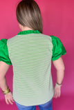 Green And White Stripe Puff Sleeve Top