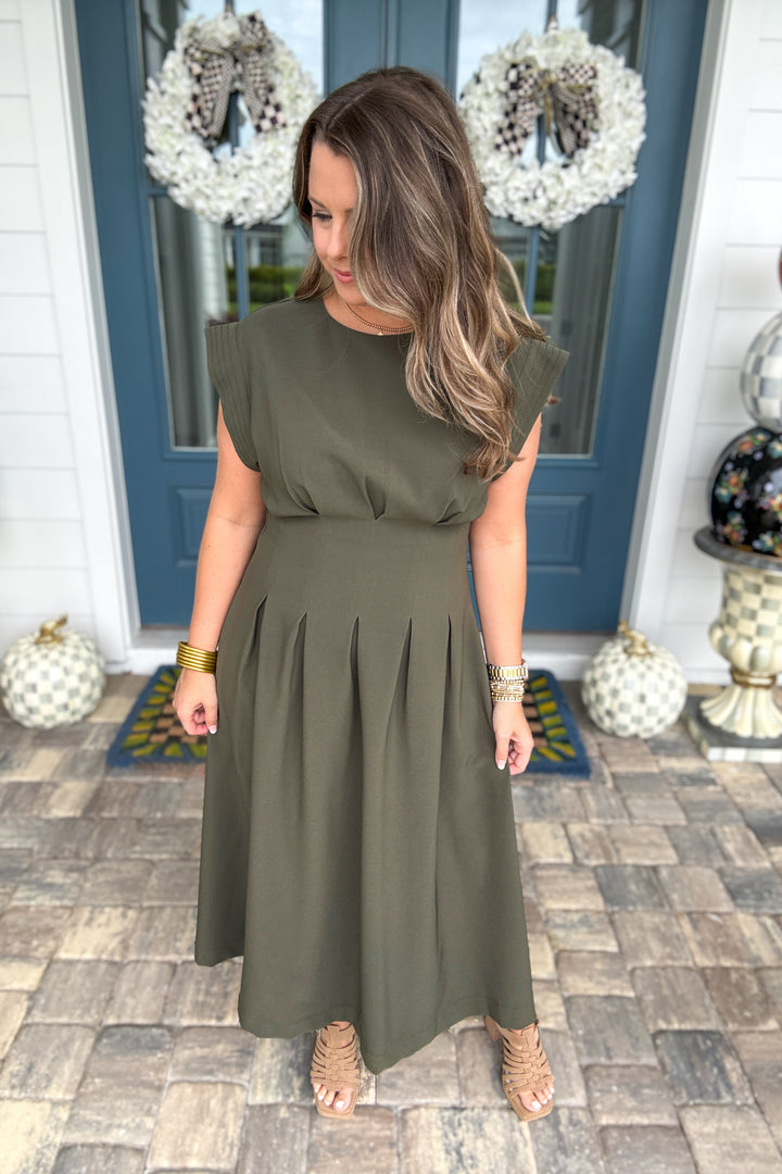 Avenue Pleated Midi Dress - Olive