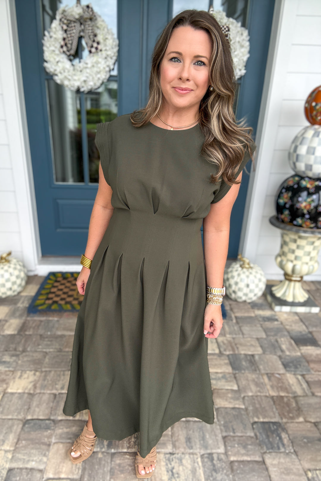 Avenue Pleated Midi Dress - Olive