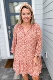 LONG SLEEVE PRINTED SHIFT MINI DRESS - Terra Cotta