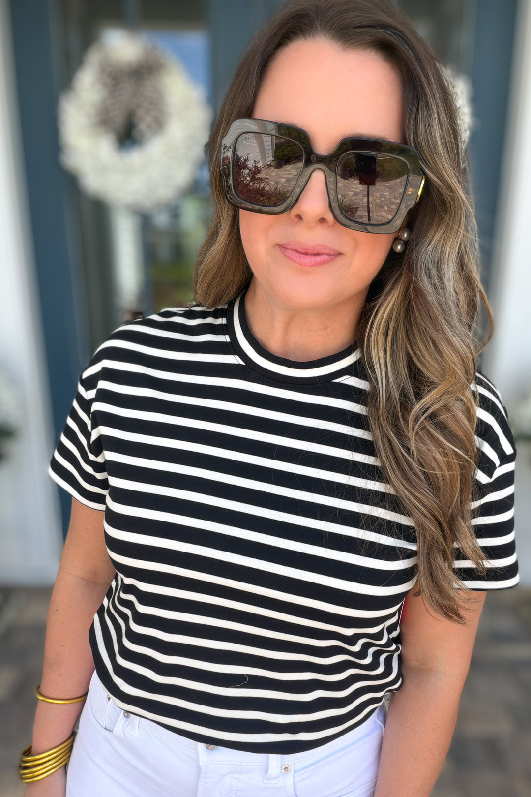 SPANX® Lightweight Cotton Crewneck Short Sleeve Bodysuit - Classic Black/Linen Stripe