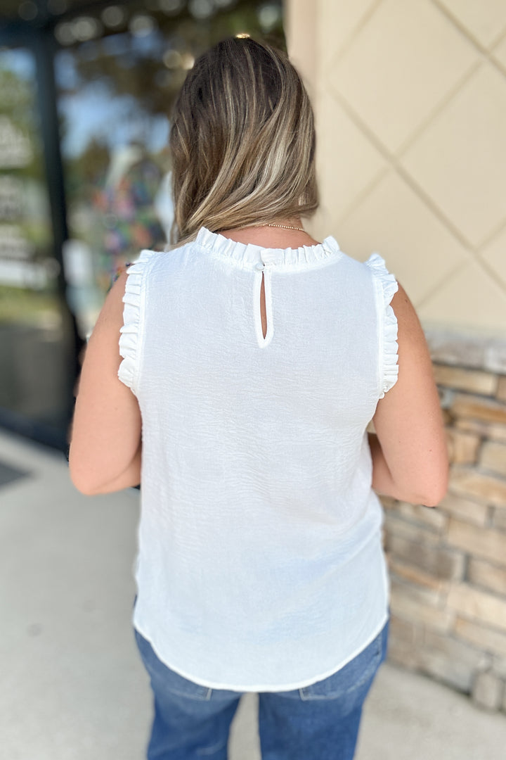 Sleeveless Ruffle Mock Neck Top - White