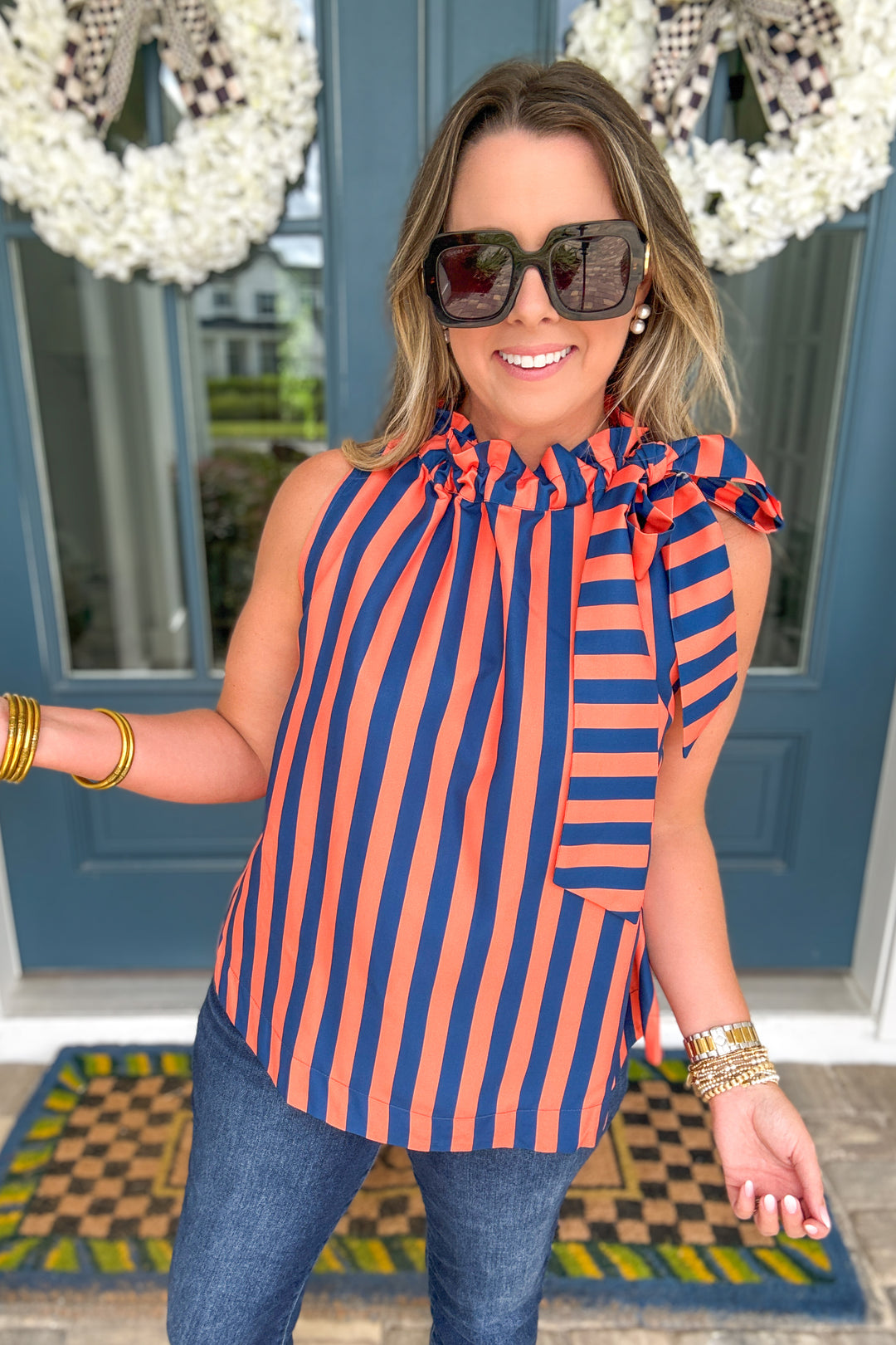 Amelia Striped Ruffle Neck Tie Top - Orange & Navy