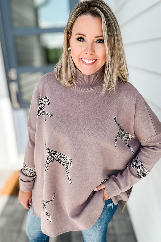 Miss Leopard Mock Neck Sweater- Mocha