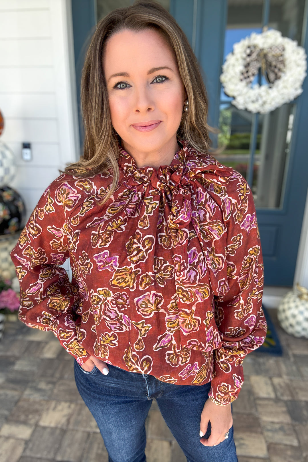 Falling for Florals Tie-Neck Blouse - Burgundy