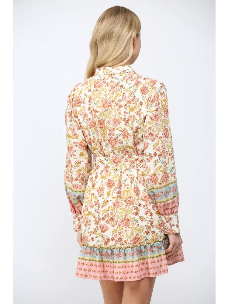 Border Print Self Tie Belt Shirt Dress - B Social Boutique