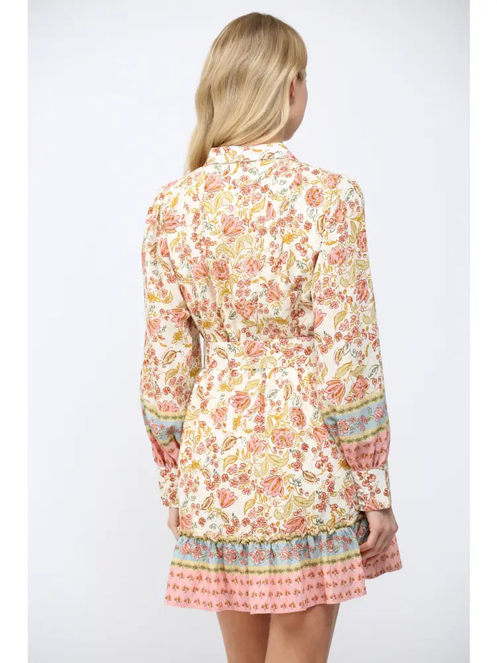 Border Print Self Tie Belt Shirt Dress - B Social Boutique