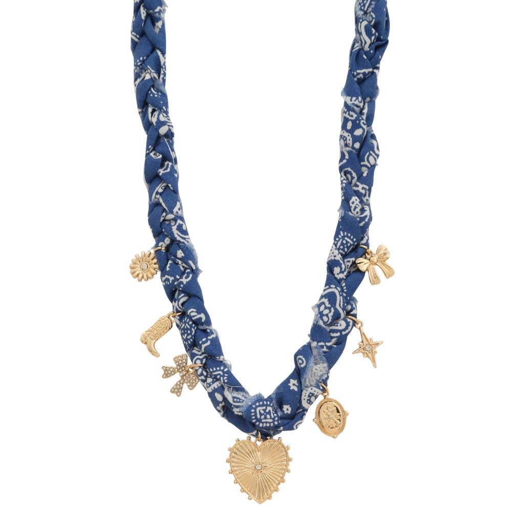 Navy HEART MULTI CHARM BRAIDED FABRIC NECKLACE