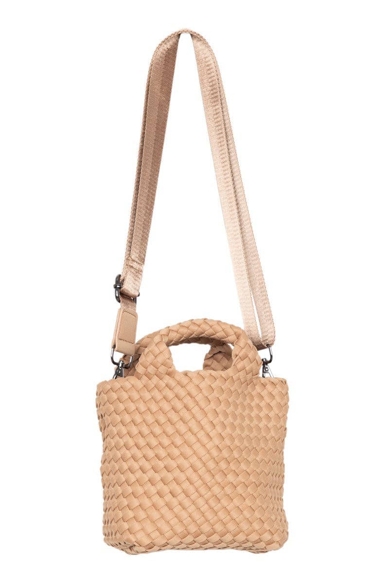 Camel Woven Crossbody Bucket Bag: Camel