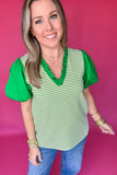 Green And White Stripe Puff Sleeve Top