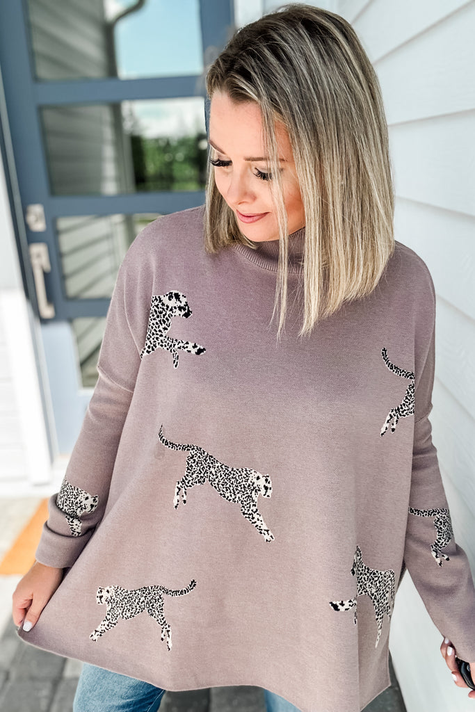 Miss Leopard Mock Neck Sweater- Mocha