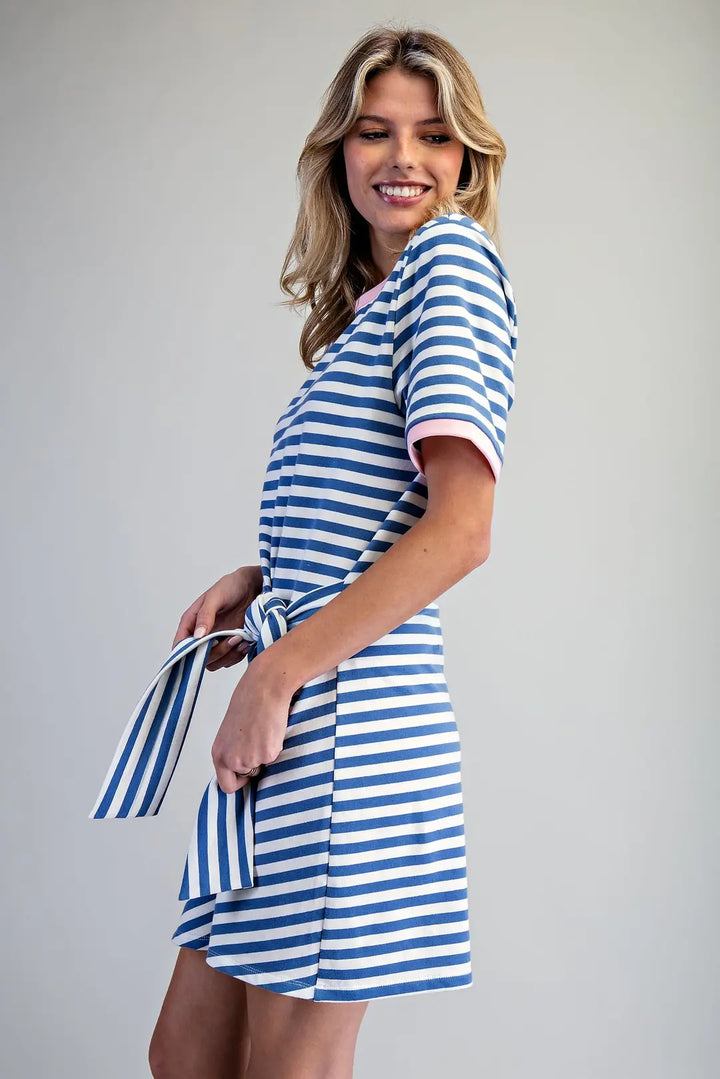 Tie Me Away Cinch Waist Mini Dress - Coastal Blue Stripe