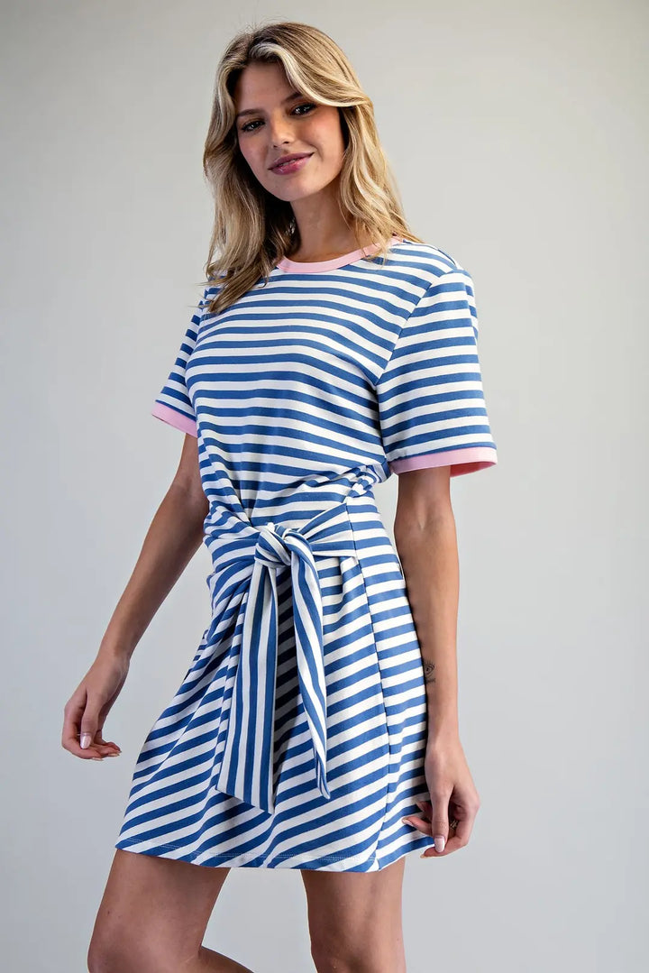 Tie Me Away Cinch Waist Mini Dress - Coastal Blue Stripe