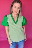 Green And White Stripe Puff Sleeve Top