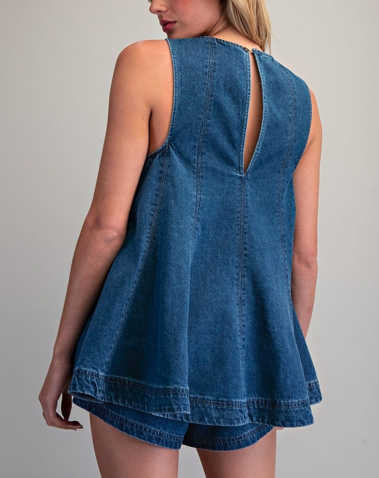 City Girl Sleeveless Flared A-line Denim Top