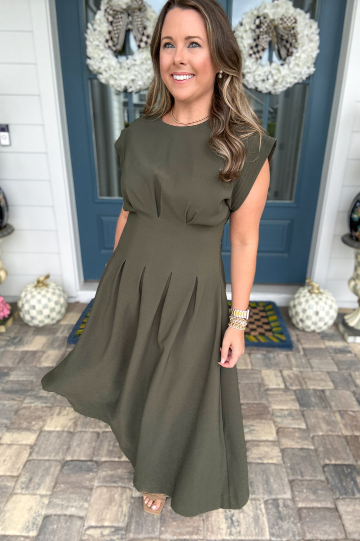 Avenue Pleated Midi Dress - Olive