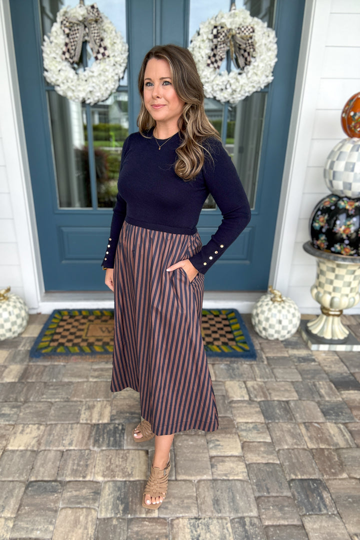 Uptown Stripe Sweater Midi Dress – Navy