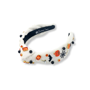 Brianna Cannon: CHILD SIZE WHITE HEADBAND WITH HALLOWEEN EMBROIDERY, CHARMS & CRYSTALS