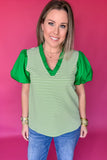 Green And White Stripe Puff Sleeve Top