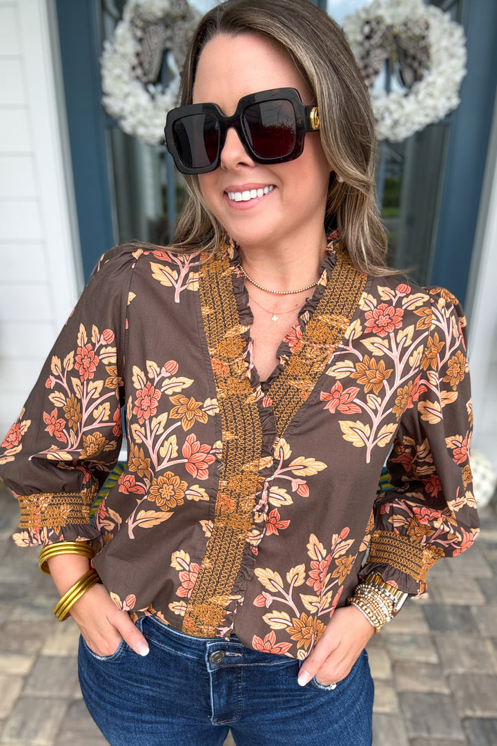 Autumn Blooms Floral Smocked Blouse - Chocolate