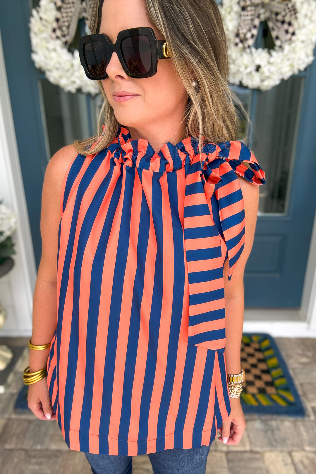 Amelia Striped Ruffle Neck Tie Top - Orange & Navy