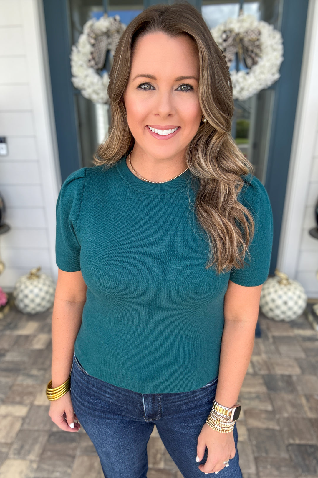 Elegance Puff Sleeve Knit Sweater Top - Teal