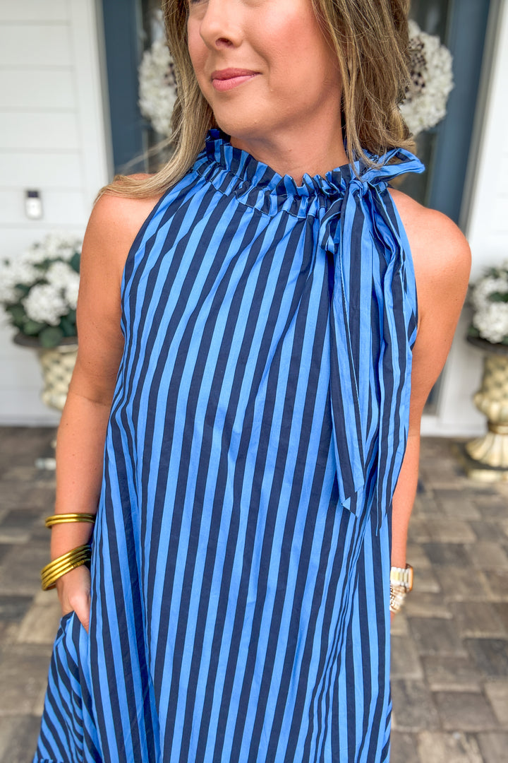 Ocean Daydream Striped Ruffle Neck Tie Dress - Navy