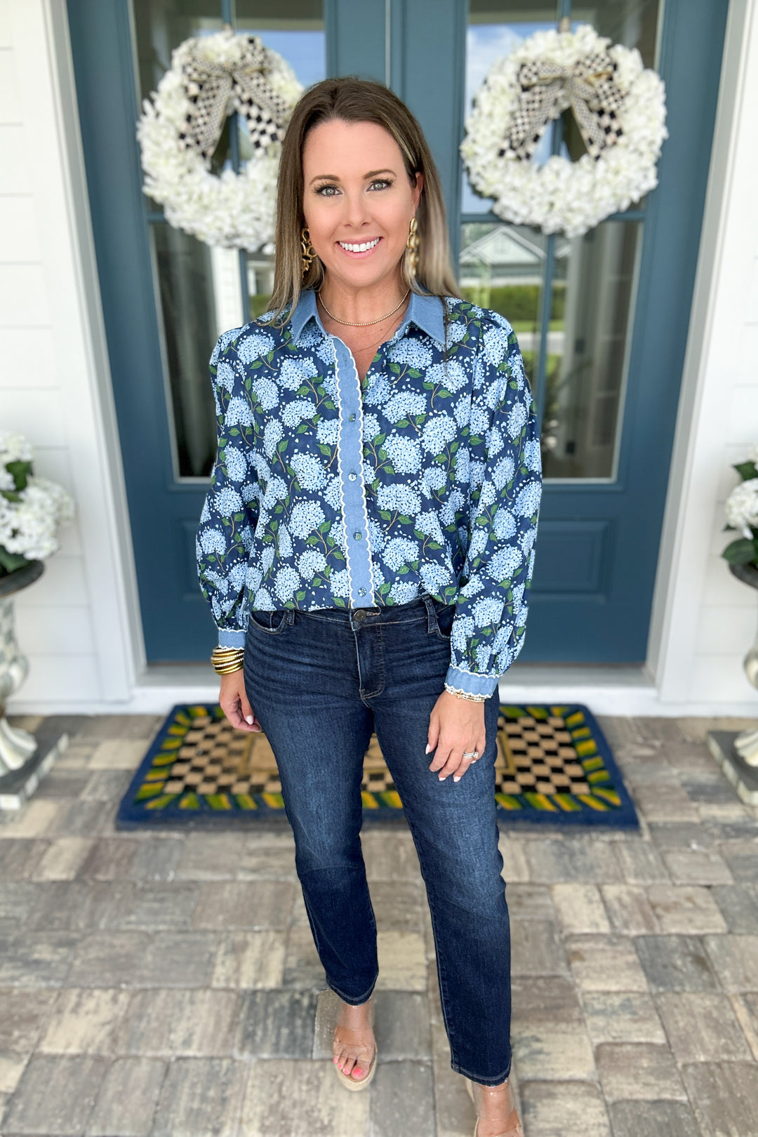 Embroidered Scallop Edge Floral Top - Navy