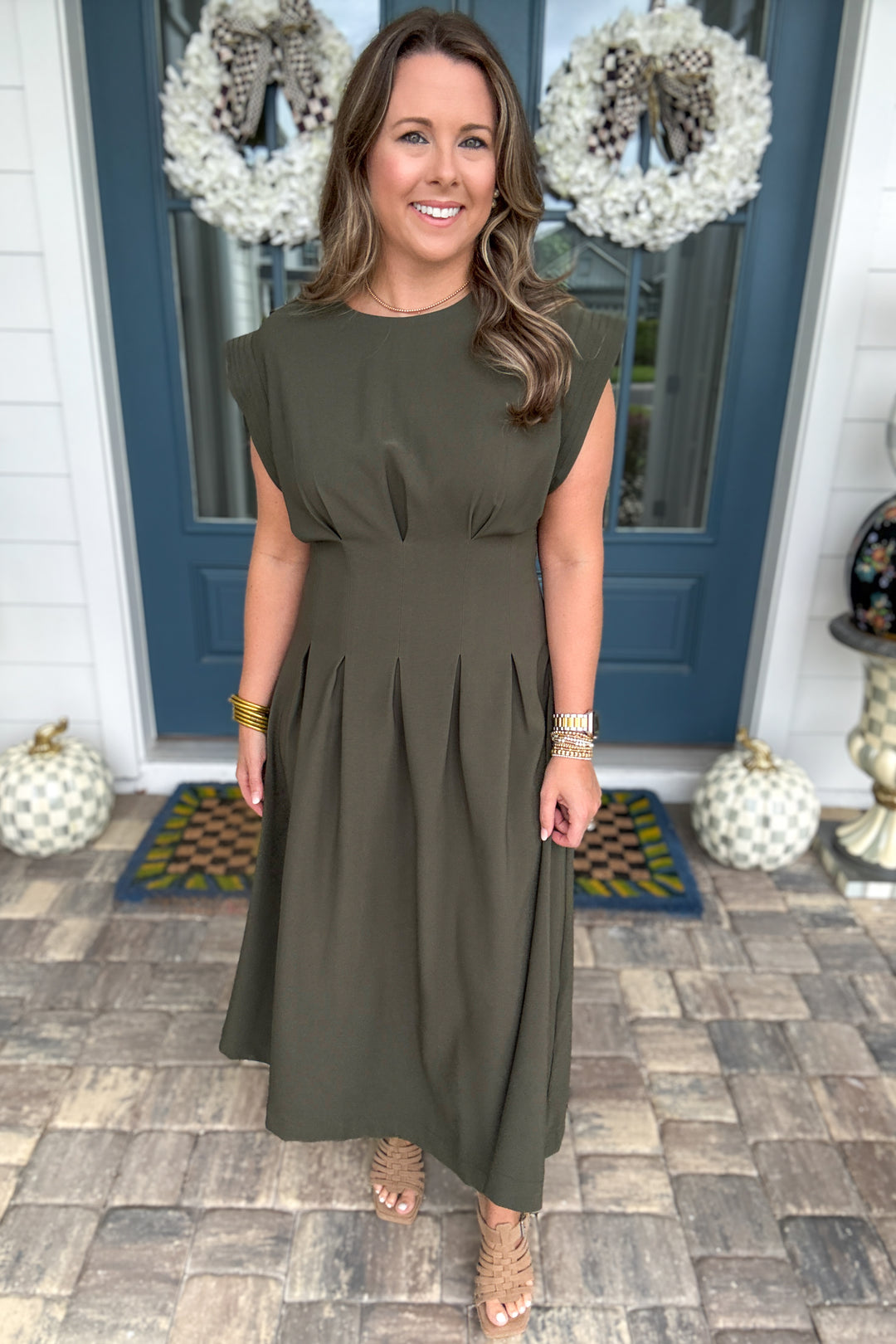 Avenue Pleated Midi Dress - Olive