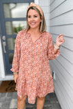LONG SLEEVE PRINTED SHIFT MINI DRESS - Terra Cotta