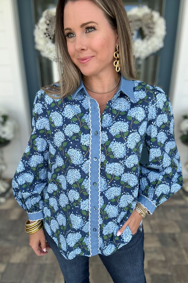 Embroidered Scallop Edge Floral Top - Navy