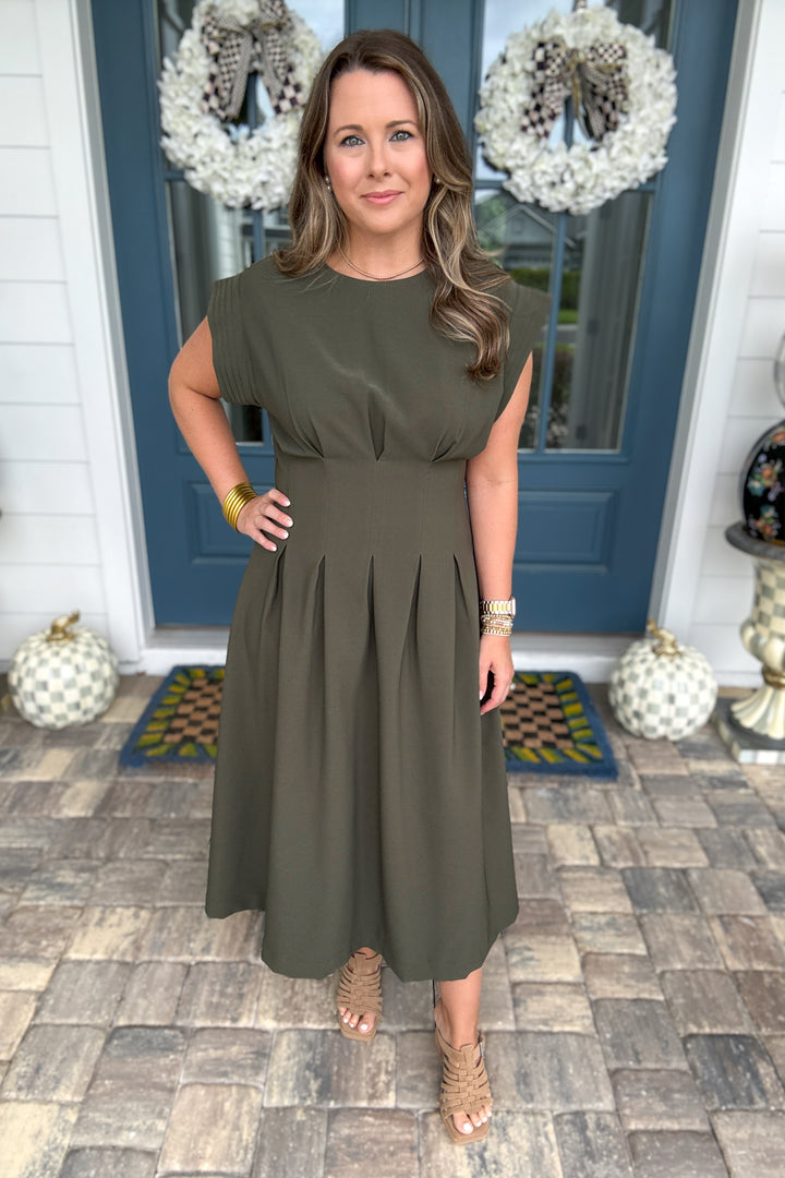 Avenue Pleated Midi Dress - Olive