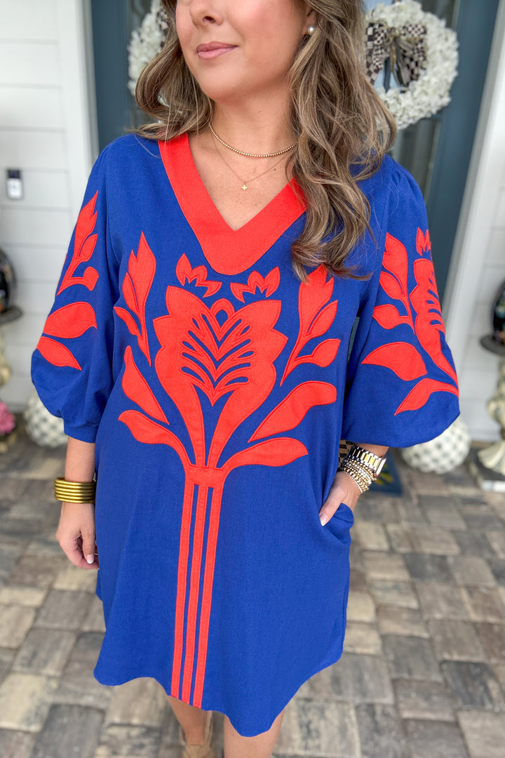 Saturday in Gainesville Appliqué Dress – Royal Blue