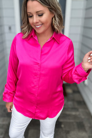 Work On Long Sleeve Satin Button Down - Bubble Gum Pink