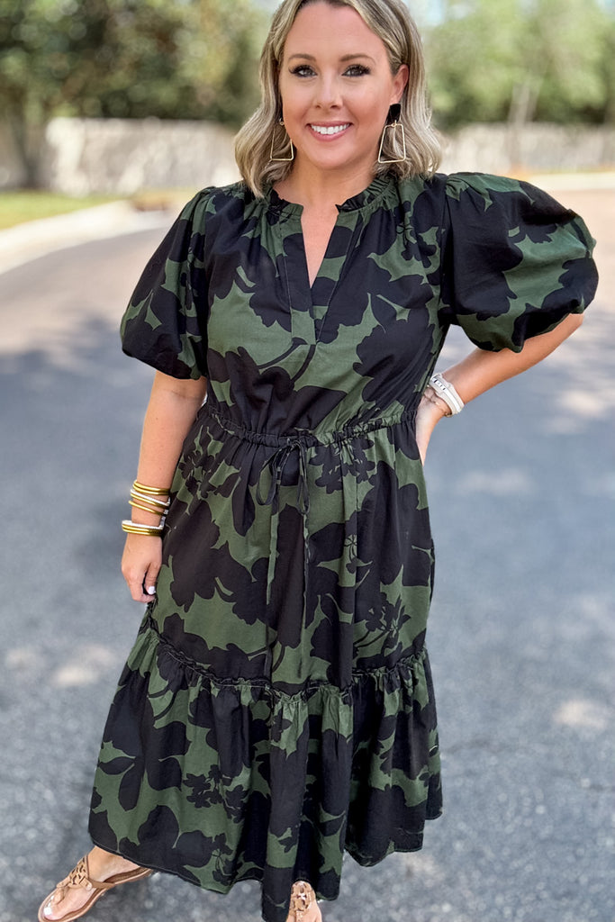 Ginny Bubble Sleeve Midi Dress - Moss