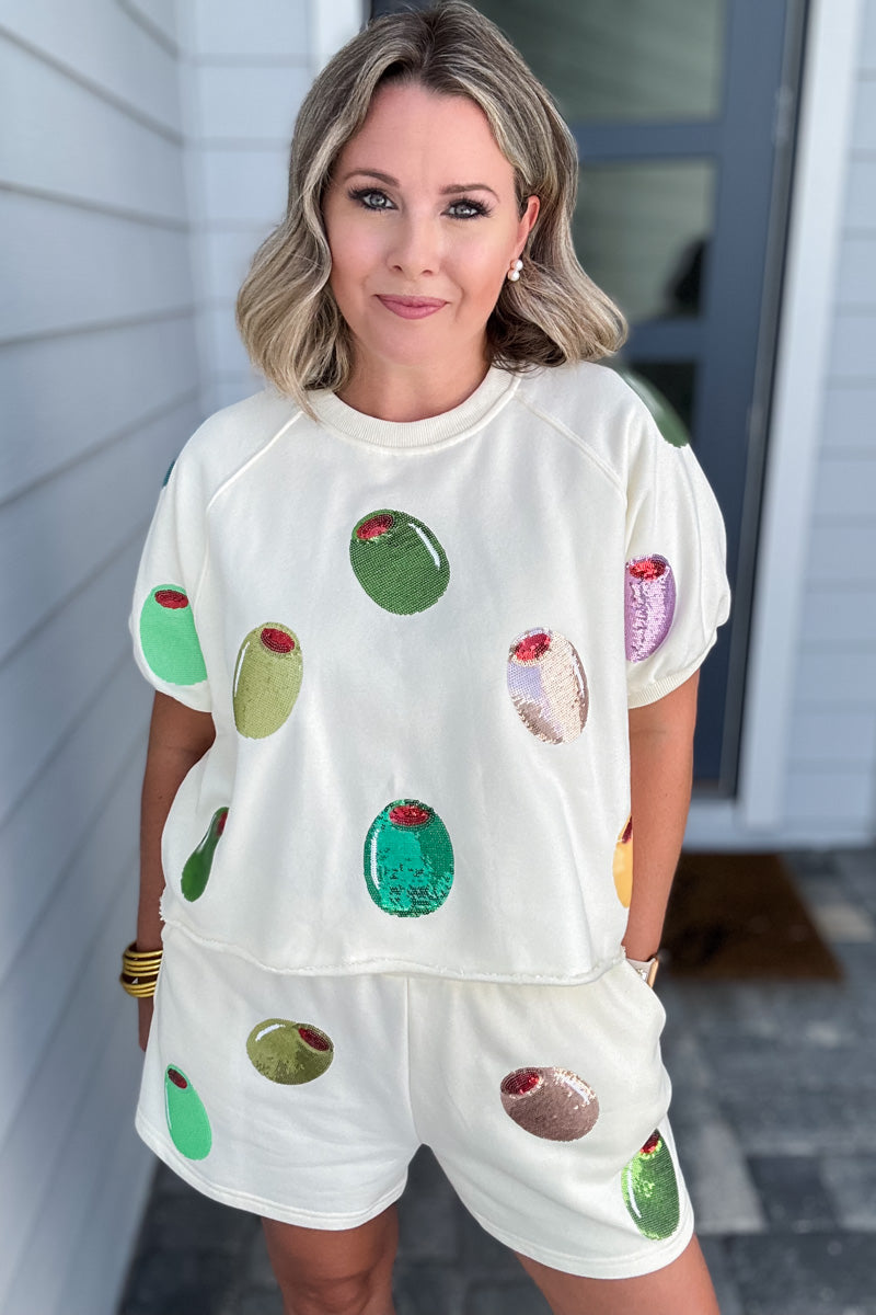 Queen Of Sparkles: Ivory Multi Olive Short Sleeve Top - B Social Boutique