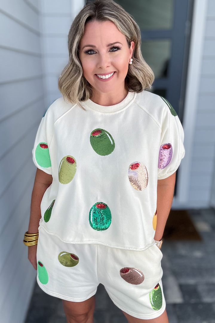 Queen Of Sparkles: Ivory Multi Olive Short Sleeve Top - B Social Boutique