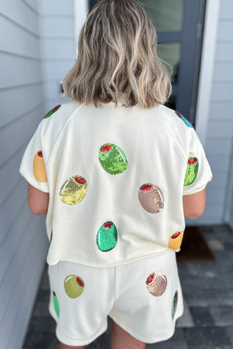 Queen Of Sparkles: Ivory Multi Olive Short Sleeve Top - B Social Boutique