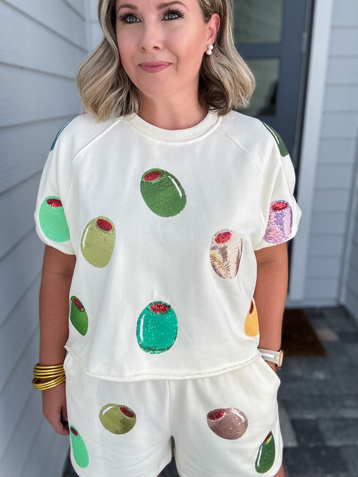 Queen Of Sparkles: Ivory Multi Olive Short Sleeve Top - B Social Boutique