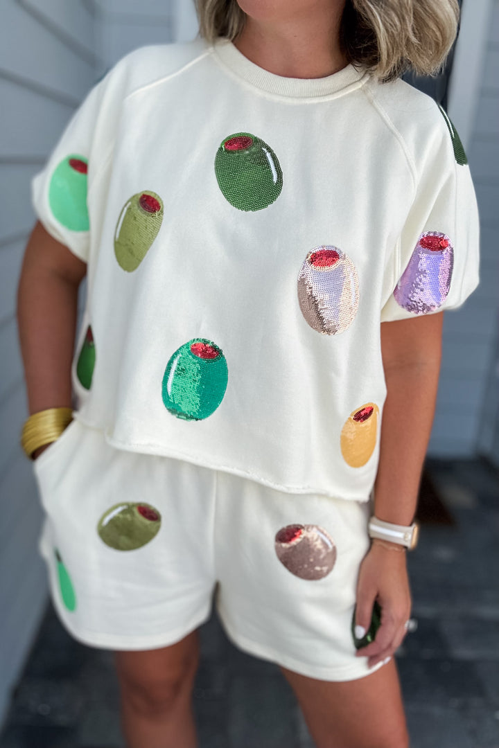 Queen Of Sparkles: Ivory Multi Olive Short Sleeve Top - B Social Boutique