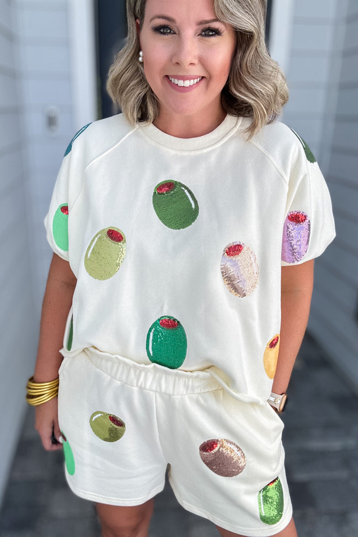 Queen Of Sparkles: Ivory Multi Olive Short Sleeve Top - B Social Boutique