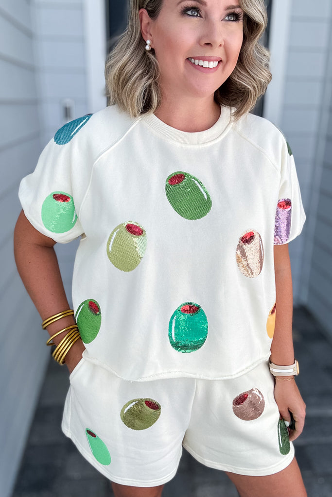 Queen Of Sparkles: Ivory Multi Olive Short Sleeve Top
